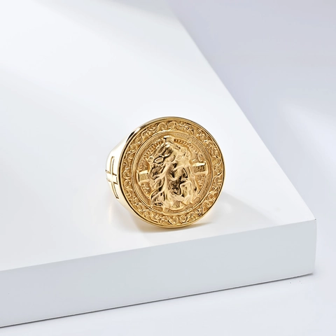 Bague Chevalier Vintage en Acier Inoxydable Jésus Croix pour Hommes Relief Religieux Chrétien Couleur Acier Or Bijoux Homme