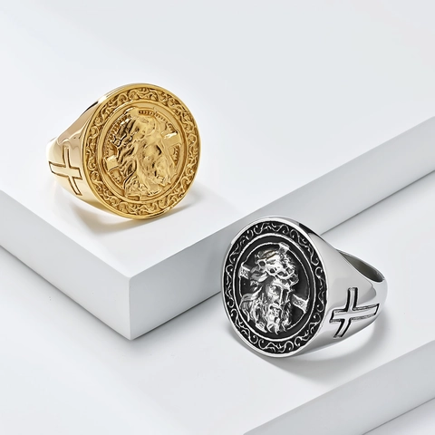 Vintage Jesus Christ Relief Signet Ring For Men Stainless Steel Cross Pattern Religious Souvenir Anniversary Gift Jewelry Ring
