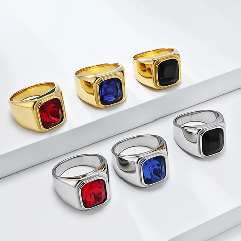 Men Fashion Stainless Steel Signet Ring For Men Luxury Geometric Polished Rhinestone Inlaid Gold Silver Color Hip Hop Party Jewelry Ring