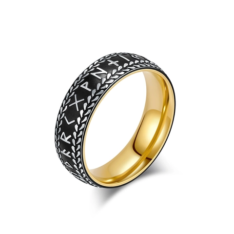 Nordic Vintage Viking Rune Stainless Steel Ring For Men Polished Black Steel Gold Color Ethnic Wheat Grain Band Finger Jewelry