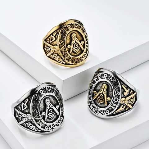 Retro Stainless Steel Freemasonry Signet Ring For Men Vintage Masonic Compass Square G Letter Band Ring Gold Silver Jewelry