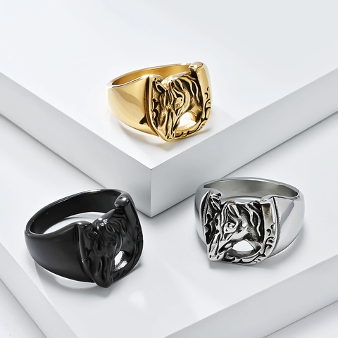 Vintage Horse Head Horseshoe Stainless Steel Ring For Men Women Retro Relief Embossed Punk Band Ring Fashion Jewelry Accessory