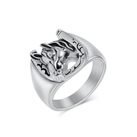 Vintage Horse Head Horseshoe Stainless Steel Ring For Men Women Retro Relief Embossed Punk Band Ring Fashion Jewelry Accessory