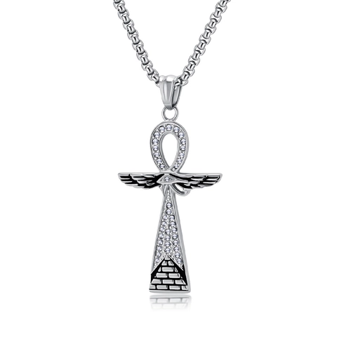 Vintage Stainless Steel Egyptian Ankh Cross Necklace For Men Women Iced Out Horus Eye Wing Pyramid Pendant Necklace Jewelry