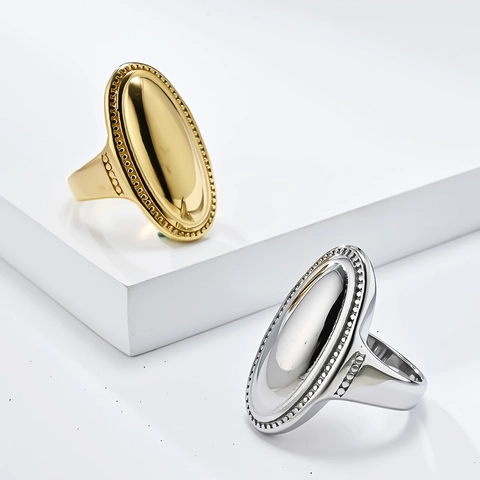 Anillo Estilo Francés Acero Inoxidable Gran Domo Ovalado para Mujer Pulido Oro Plata Borde de Cuentas Joyería de Moda para Mujer
