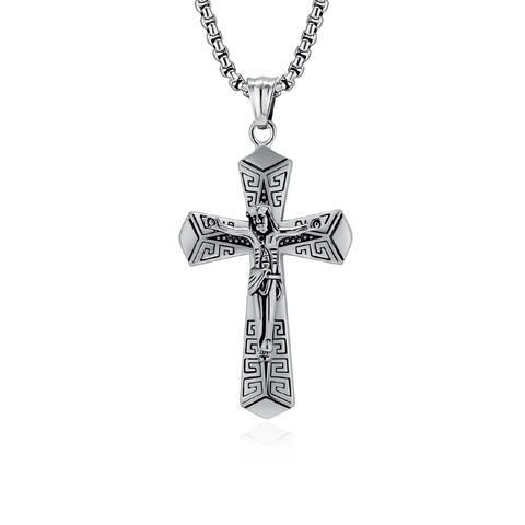Collar con Colgante de Crucifijo de Acero Inoxidable Vintage Patrón de Greca Retro Hip Hop Joyería Religiosa Hombre Mujer