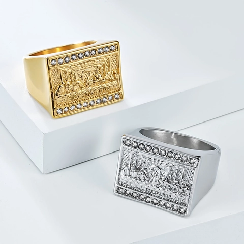 Anillo de Sello Retro Hip Hop Relieve Última Cena Para Hombre Acero Inoxidable Chapado en Oro Zirconia Joyería Religiosa