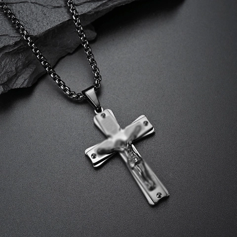 Roestvrijstalen Kruis Hanger Halsketting Met Jezus Christus Reliëf Religieus Geloof Sieraden Voor Heren Dames Vintage Hip Hop Accessoire