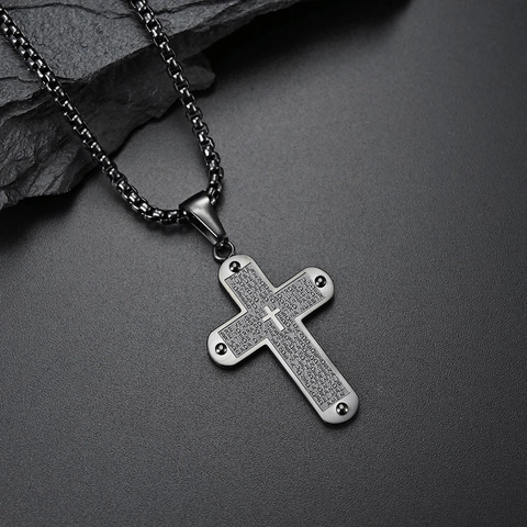 Roestvrij Stalen Kruis Hanger Ketting 18K Verguld Gegraveerd Spaans Onze Vader Religieuze Geloof Sieraden Voor Heren Dames