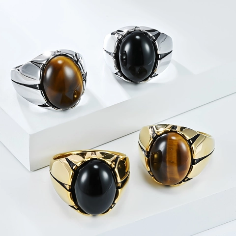 Vintage Stainless Steel Signet Ring For Men With Tiger Eye Stone Black Onyx Gold Silver Plated Retro Punk Finger Jewelry