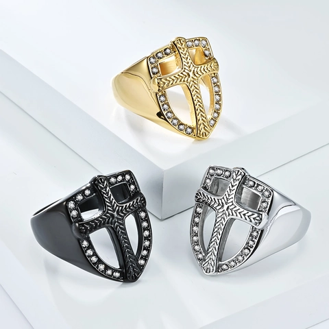 Vintage Stainless Steel Shield Cross Ring For Men Gold Silver Black Zirconia Inlaid Hollow Punk Biker Band Ring Jewelry