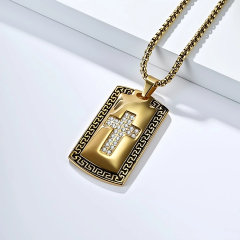 Vintage Stainless Steel Dog Tag Cross Pendant Necklace With Rhinestones And Greek Key Border For Men Religious Jewelry