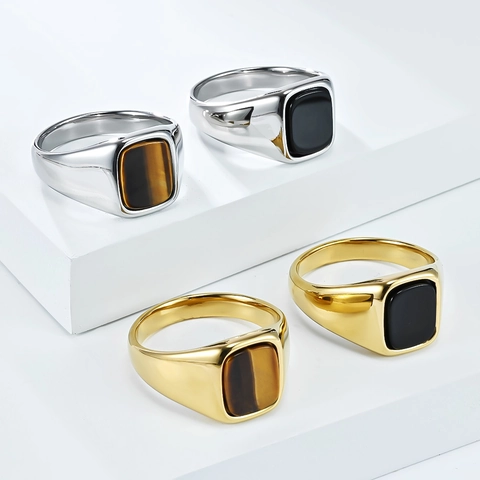 Minimalist Stainless Steel Signet Ring For Men Women With Rectangle Tiger Eye Stone Or Black Onyx Polished Geometric Jewelry
