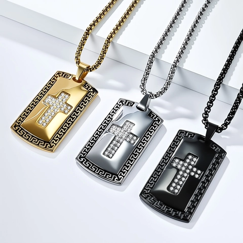 Vintage Stainless Steel Dog Tag Cross Pendant Necklace With Rhinestones And Greek Key Border For Men Religious Jewelry