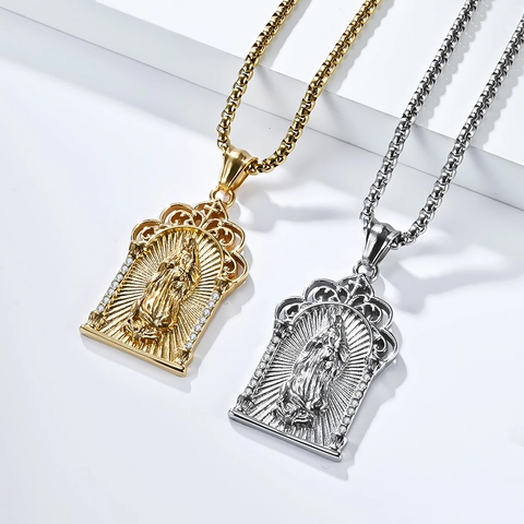 Collar de Colgante de la Virgen María Religiosa Acero Inoxidable Circón Joyas de Oración Regalo Cristiano Vintage Oro Plata