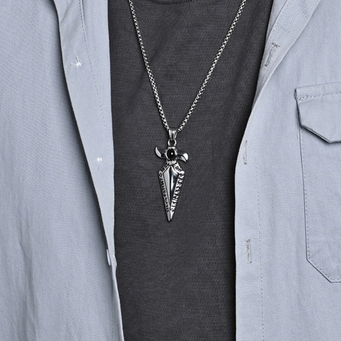 Retro Nordic Viking Spearhead Pendant Necklace Men Stainless Steel Gothic Runic Symbols Black Stone Inlaid Jewelry Gift