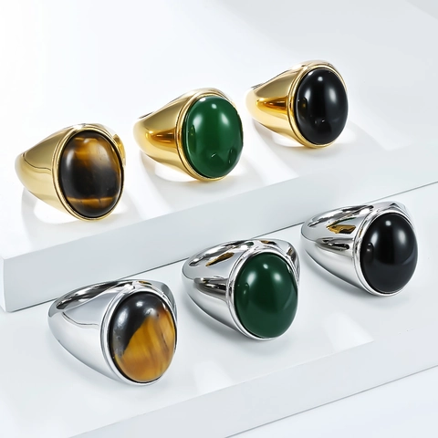 Vintage Men Stainless Steel Signet Ring Oval Tiger's Eye Black Agate Inlaid Ring Retro Business Polished Finger Jewelry