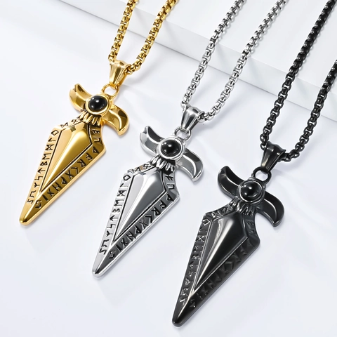 Retro Nordic Viking Spearhead Pendant Necklace Men Stainless Steel Gothic Runic Symbols Black Stone Inlaid Jewelry Gift