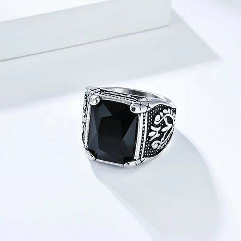Vintage Edelstahl Herren Ring Rechteckig Glas Edelstein Gravierte Barock Rankenmuster Gothic Punk Schmuck Ring
