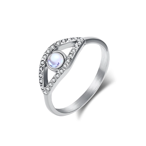 Vintage Stainless Steel Evil Eye Ring With Artificial Moonstone And Rhinestones For Women Fashion Jewelry Accessory