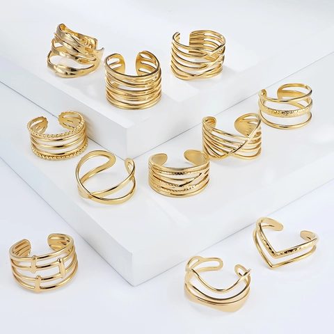 Roestvrij Staal 18K Verguld Open Ring Voor Vrouwen Verstelbaar Geometrisch Golf Meerlaags Minimalistisch Chique Mode Sieraden Cadeau