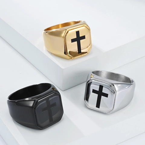 Men's Stainless Steel Cross Signet Ring Fashion Square Polished Brushed Biker Band Ring Gold Silver Black Jewelry Gift