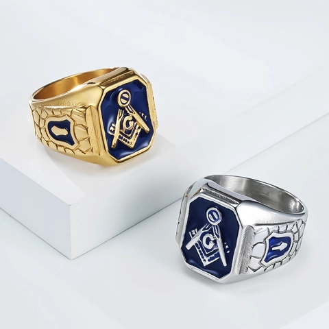 Anillo de Sello Masónico de Acero Inoxidable Vintage para Hombre Con Símbolo de Masonería en Esmalte Azul Oro Plata Joyería Retro