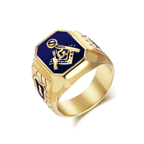 Anillo de Sello Masónico de Acero Inoxidable Vintage para Hombre Con Símbolo de Masonería en Esmalte Azul Oro Plata Joyería Retro