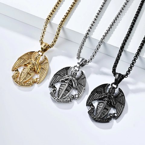 Saint Michael Archangel Stainless Steel Pendant Necklace For Men Retro Religious Wings Shield Box Chain Niche Jewelry Gift