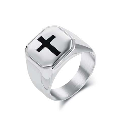 Men's Stainless Steel Cross Signet Ring Fashion Square Polished Brushed Biker Band Ring Gold Silver Black Jewelry Gift