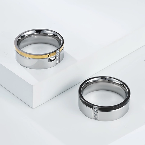 Anillo de Acero Inoxidable Minimalista Bicolor para Hombre Con Incrustación de Zirconia Oro Negro Plata Anillo de Banda Moda