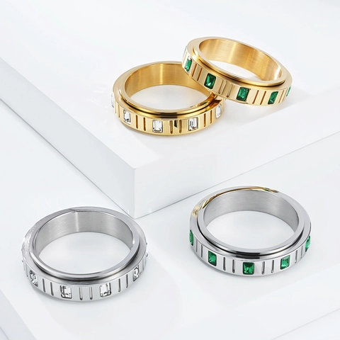 Elegant Emerald Zirconia Spinner Ring For Women Stainless Steel Rotatable Decompression Jewelry Brushed Gold Silver Fidget Finger Ring