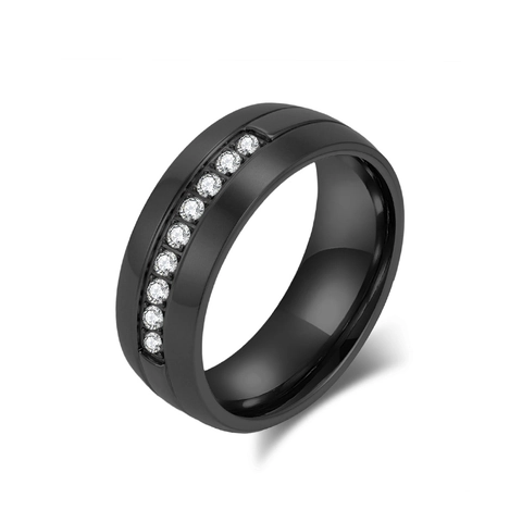 Bague Anneau en Acier Inoxydable avec Strass pour Hommes Femmes Mode Unisexe Finition Brossée Noir Or Argent Bijoux