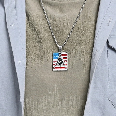 Collar de Colgante de Francmasonería Bandiera de EE. UU. de Acero Inoxidable para Hombre Hip Hop Retro Brújula G Joyería