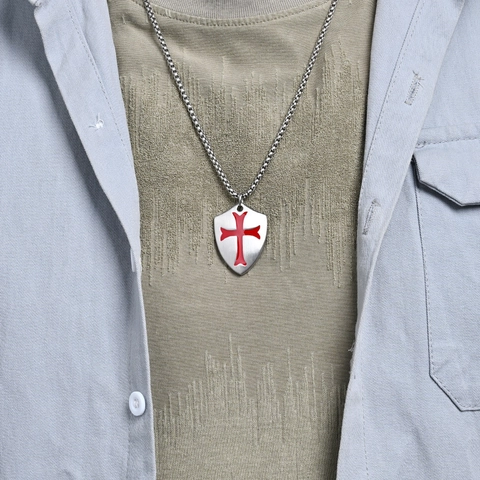 Collar con Colgante de Escudo Cruzado de Acero Inoxidable Vintage para Hombre Colgante de Cruz Templaria Retro Joyería Punk Caballero Esmalte