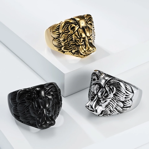 Vintage Lion Head Stainless Steel Ring For Men Domineering Punk Hip Hop Animal Carved Statement Ring Gold Silver Black Jewelry