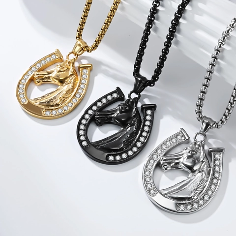 Stainless Steel Horse Head Horseshoe Pendant Necklace For Men Women Hip Hop Zirconia Inlaid Jewelry Punk Charm Necklace