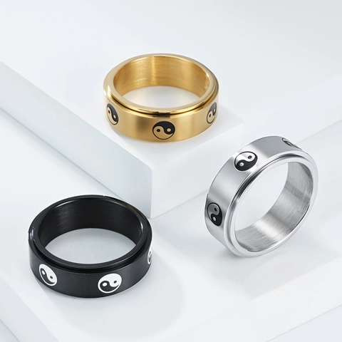 Chinese Yin Yang Tai Chi Spinner Ring For Men Women Stainless Steel Brushed Rotatable Stress Relief Finger Ring Band Jewelry