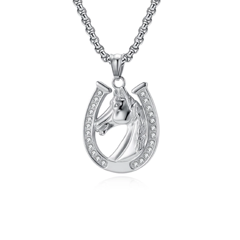 Stainless Steel Horse Head Horseshoe Pendant Necklace For Men Women Hip Hop Zirconia Inlaid Jewelry Punk Charm Necklace
