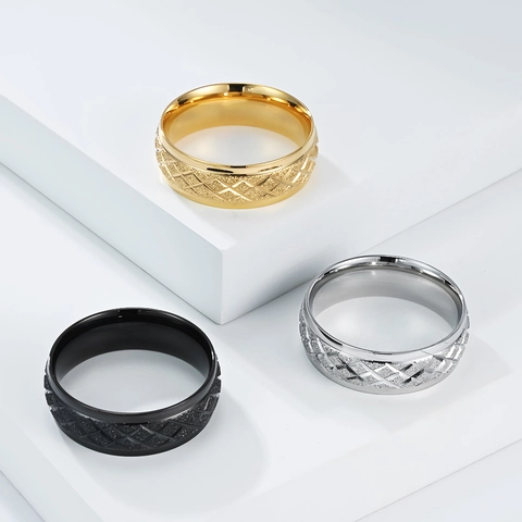 Modern Stainless Steel Geometric Rhombus Grid Ring For Men Women Chic Industrial Style Frosted Wide Band Ring Fashion Jewelry