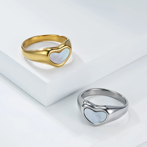 Anillo de Acero Inoxidable con Incrustación de Concha de Corazón Minimalista Oro Plata Forma Corazón Pulido Mujer Joyería