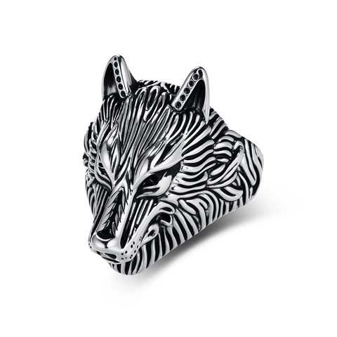 Anillo de Cabeza de Lobo Vikingo para Hombre de Acero Inoxidable Nordic Biker Ring Gótico Punk Animal Joyería Vintage Plata Oro Negro