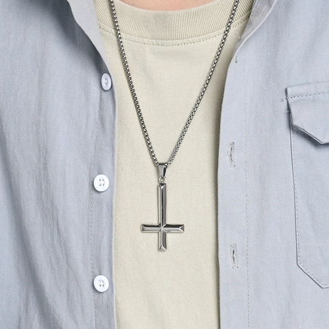Gothic Punk Stainless Steel Inverted Cross Necklace For Men Women St Peter Cross Pendant Box Chain Personalized Jewelry