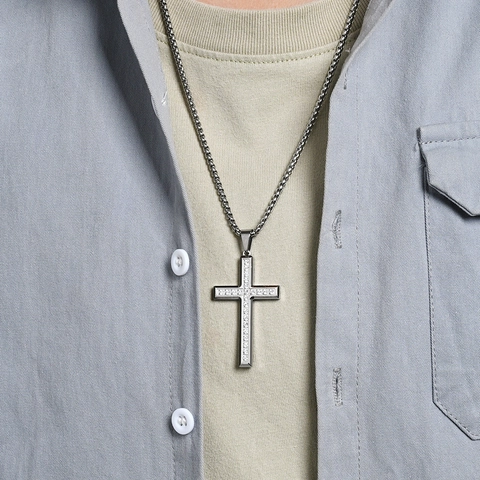 Collana con Pendente a Croce in Acciaio Inossidabile con Strass per Uomo Donna Gioielli Religiosi Personalizzati Collana Croce Cristiana