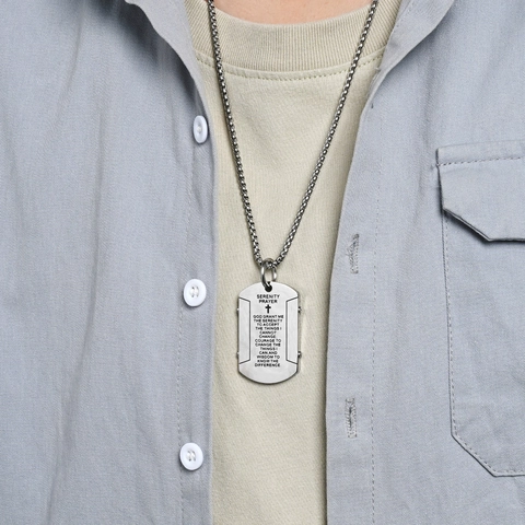 Stainless Steel Serenity Prayer Cross Dog Tag Pendant Necklace For Men Religious Streetwear Jewelry Amulet Necklaces