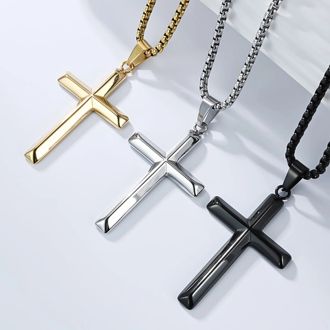 Minimalistisches Edelstahl Kreuz Halskette Für Damen Herren Poliert Religiöser Lateinisches Kreuz Schmuck Mit Box-Kette Gold Silber Schwarz Mode-Accessoire