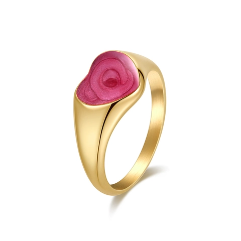 Anillo de Corazón de Acero Inoxidable Vintage para Mujer Chapado en Oro de 18K Esmalte Perla Artificial Moda Chic Rosa Negro Blanco