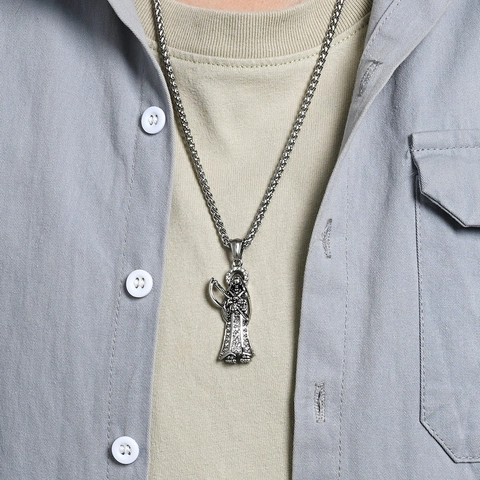 Gothic Grim Reaper Stainless Steel Pendant Necklace Hip Hop Santa Muerte Rhinestone Pave Skeleton Men Jewelry Gift