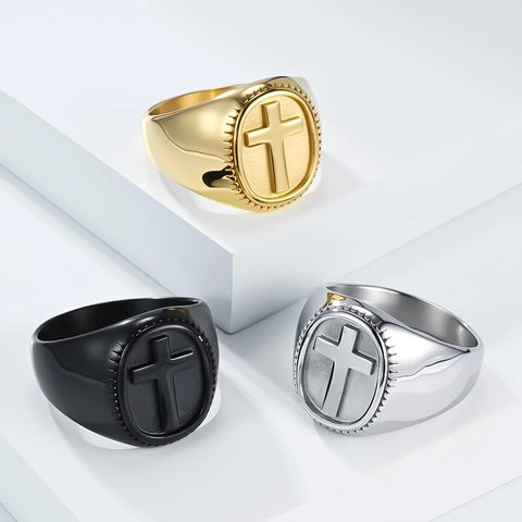 Classic Polished Stainless Steel Cross Signet Ring For Men personalized Religious Jewelry Gold Black Silver Band Ring Souvenir
