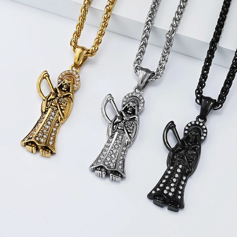 Gothic Grim Reaper Stainless Steel Pendant Necklace Hip Hop Santa Muerte Rhinestone Pave Skeleton Men Jewelry Gift
